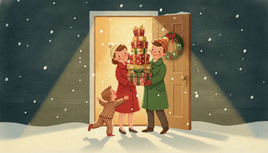 An aunt in a red coat and an uncle in a green coat stand in a glowing doorway with a tall stack of wrapped presents as a small child in striped pajamas runs to meet them