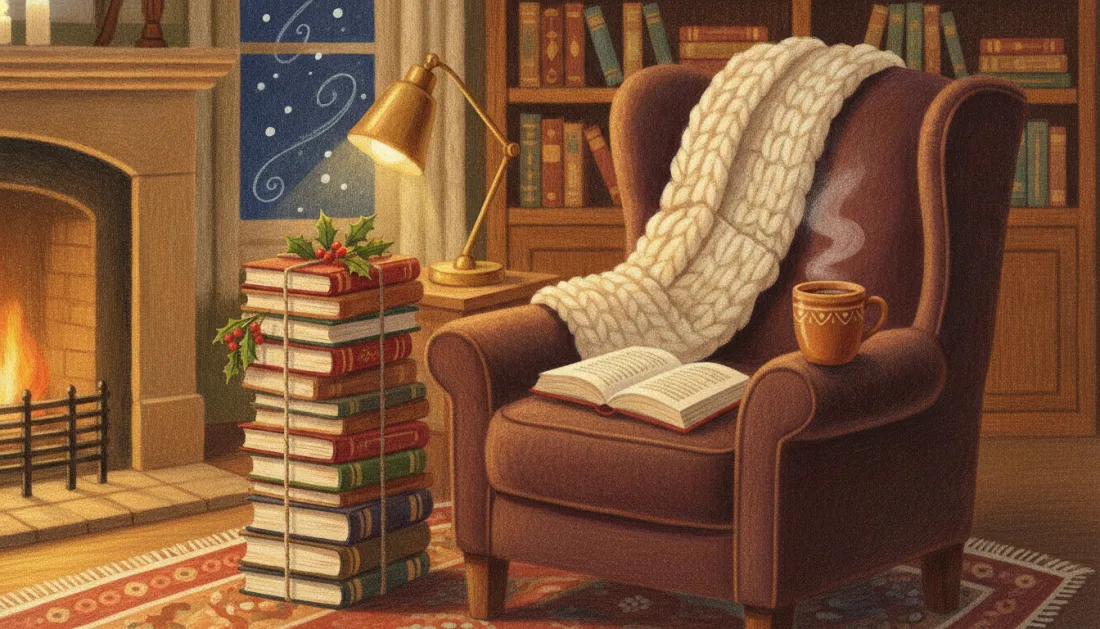 A stack of books tied with twine and topped with holly waits by a crackling fireplace, beside a leather armchair with a cream knit throw, an open book, a steaming mug, a brass lamp and tall bookshelves, with snow falling outside the window