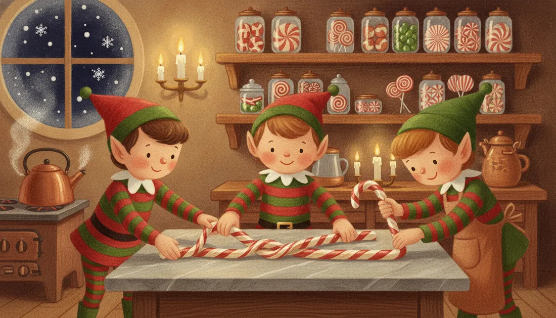 Three elves in red and green striped outfits stretch and twist long red and white candy canes across a marble table, in a candy kitchen with jars of peppermints on the shelves and snow falling outside a round window