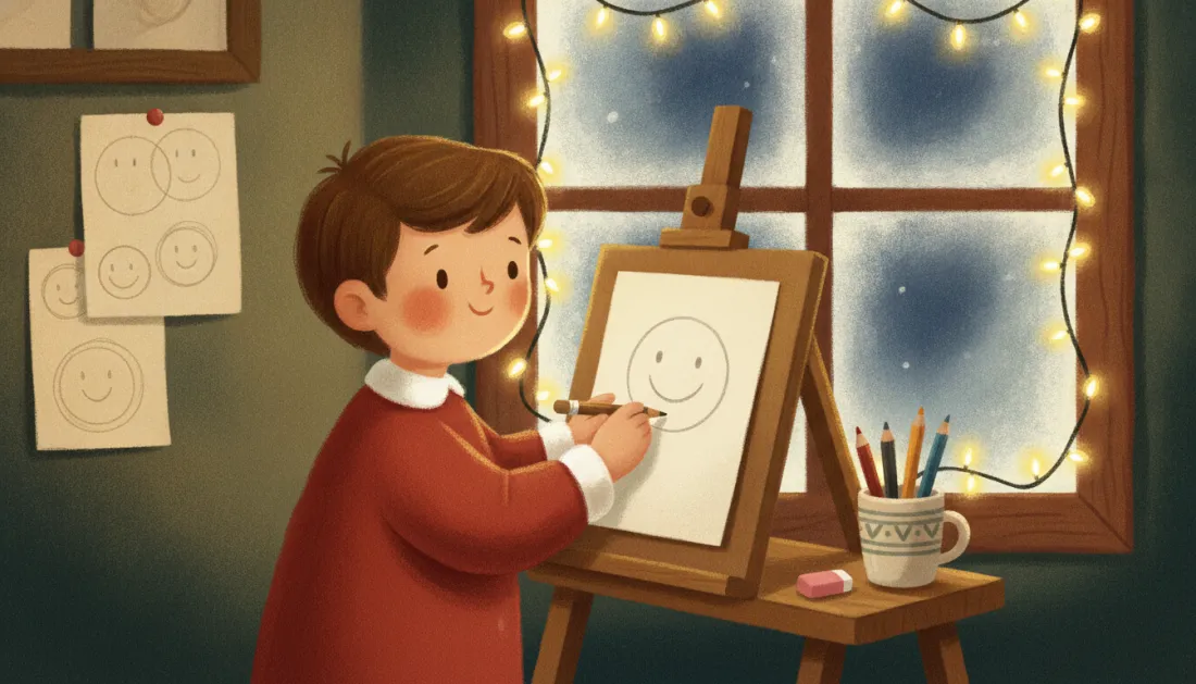 A small boy in a red sweater with a white collar draws a smiling face on a wooden tabletop easel, with smiley-face drawings pinned to the wall, a striped mug of colored pencils and fairy lights around a frosty window