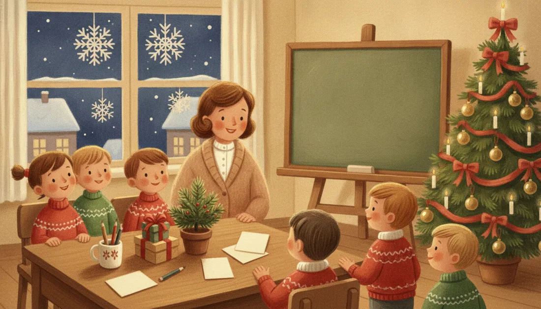 A smiling teacher in a tan cardigan sits at a wooden table with her class of children in red and green Christmas sweaters, with a small potted tree, a wrapped gift, pencils in a cup and blank cards on the table, a chalkboard on an easel, a candlelit Christmas tree and paper snowflakes on the window