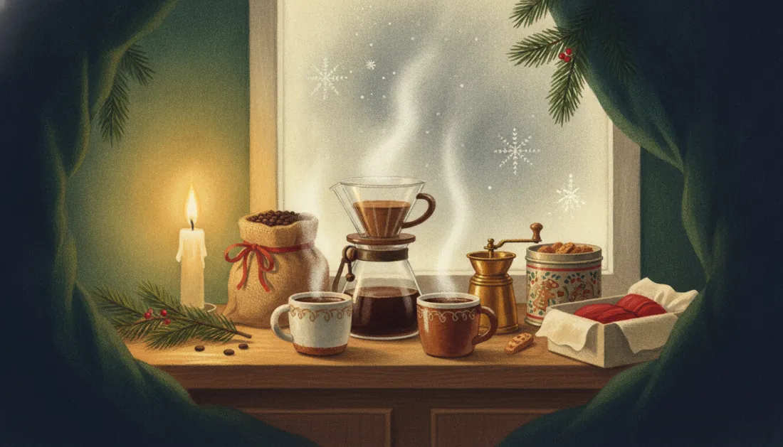 A wooden windowsill set for a winter morning: a glass pour-over coffee maker, two steaming mugs, a burlap bag of coffee beans tied with red ribbon, a brass coffee grinder, a painted tin of cookies, a gift box with red tissue and a lit candle by a frosted window