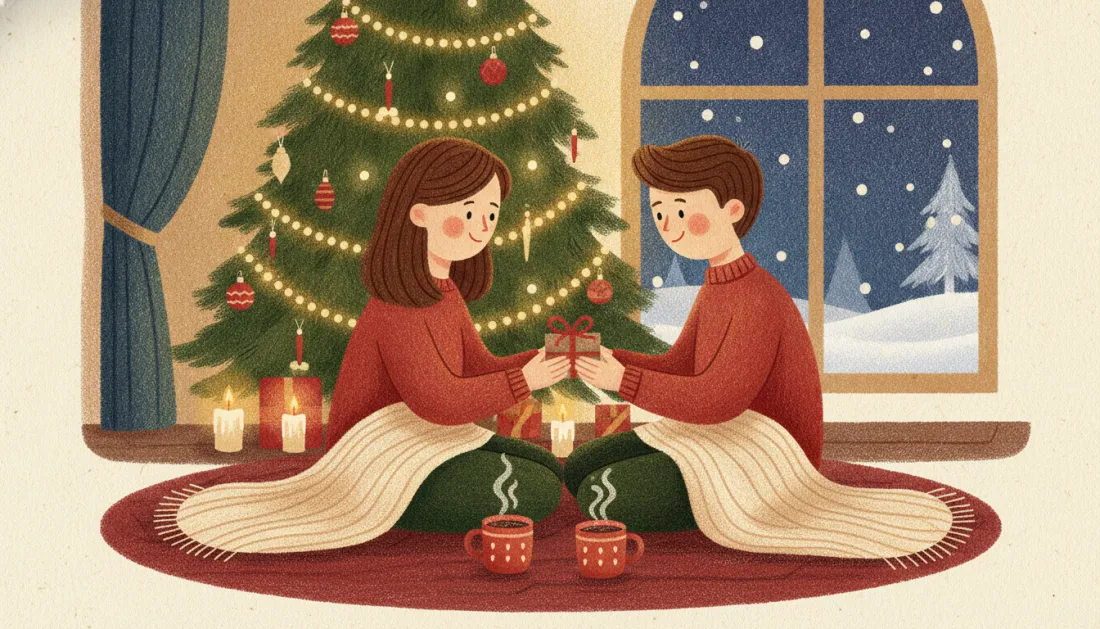 A couple in red sweaters sits on a red rug by the Christmas tree, trading a small gift tied with red ribbon, with cream blankets, two steaming polka-dot mugs and snow at the window
