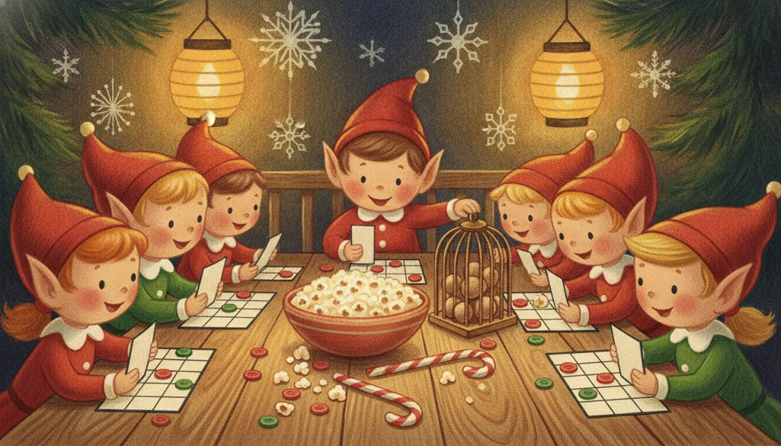 Seven elves in red and green hats sit around a wooden table under paper lanterns, marking bingo cards with red and green counters, while the elf in the middle reaches for a little brass ball cage beside a big bowl of popcorn and two candy canes