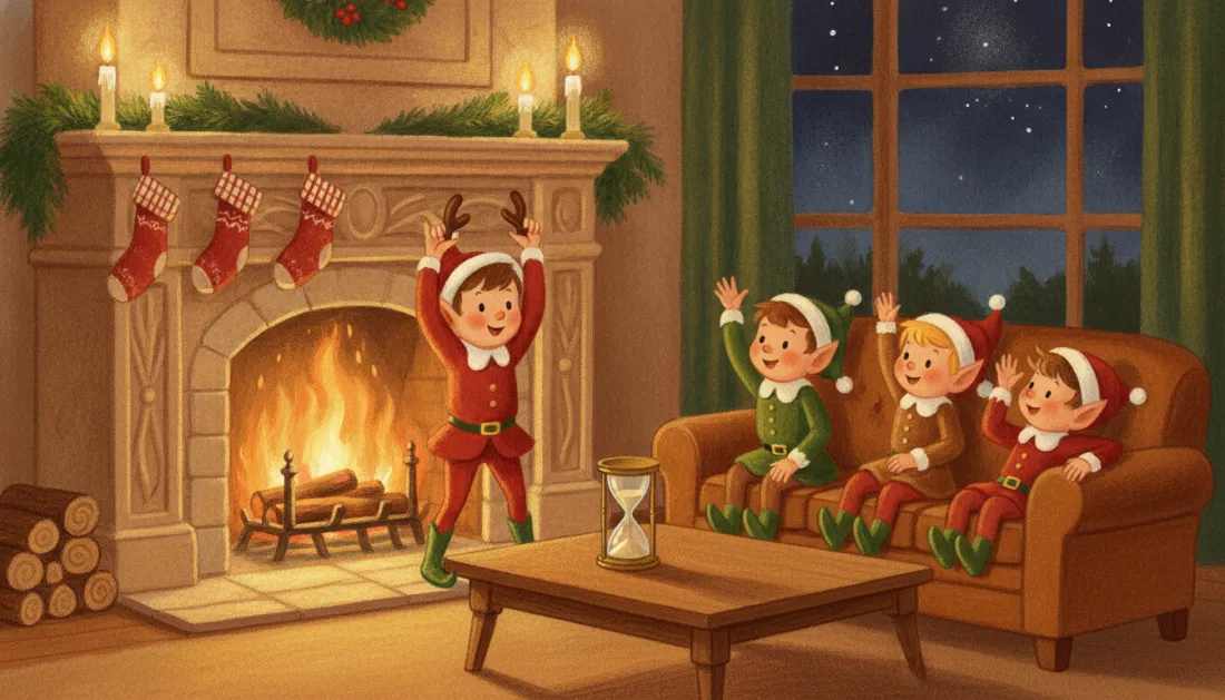 An elf in red with reindeer antlers on his head stands by a crackling fireplace with his arms up, acting out a reindeer, while three elves on an orange sofa raise their hands to guess, with an hourglass timer on the coffee table and stockings on the mantel