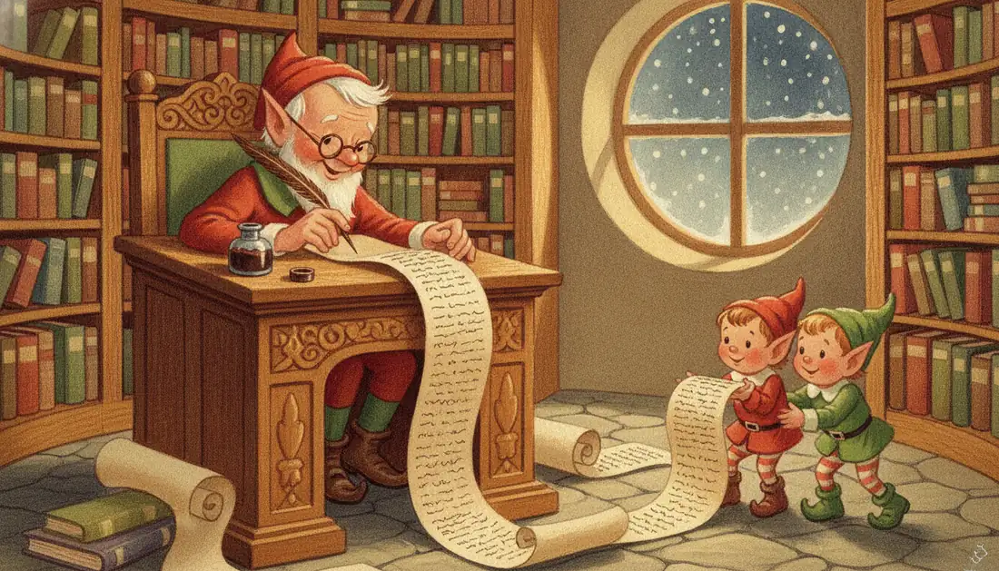 An old elf in spectacles writes on a long scroll with a quill while two young elves hold up the end of the list