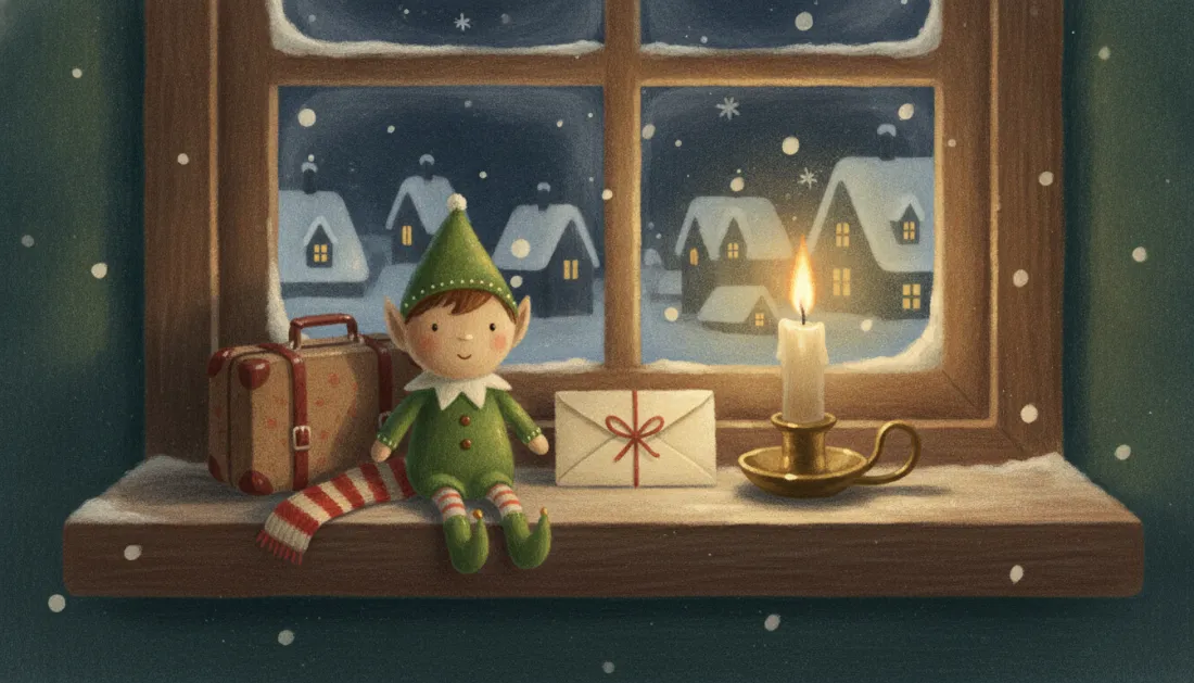 A toy elf in a green pointed hat sits on a snowy windowsill beside a small brown suitcase and a letter tied with a red ribbon, a candle glowing and a snowy village outside the window