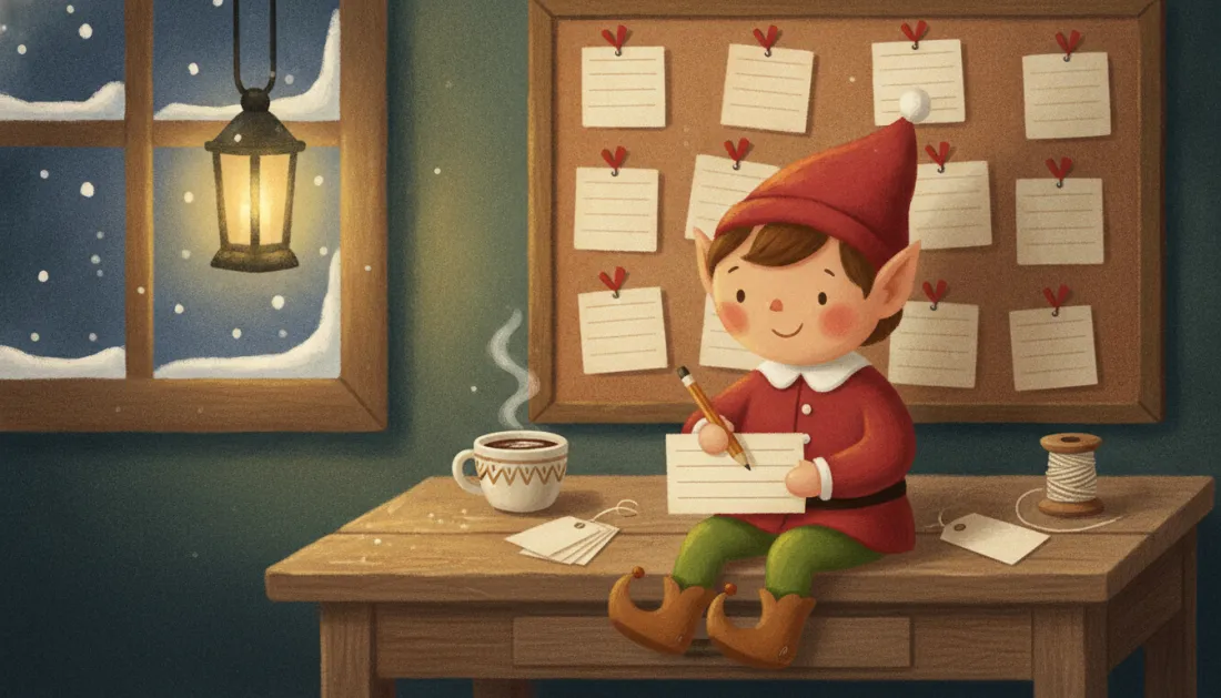 An elf perched on a wooden desk writes on a lined card, with a corkboard of pinned notes, gift tags, a ball of twine, a mug of cocoa, a lantern and snow outside the window