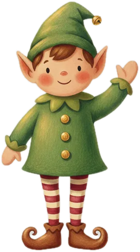 A smiling elf in a green coat, pointed hat and red-striped stockings waves hello