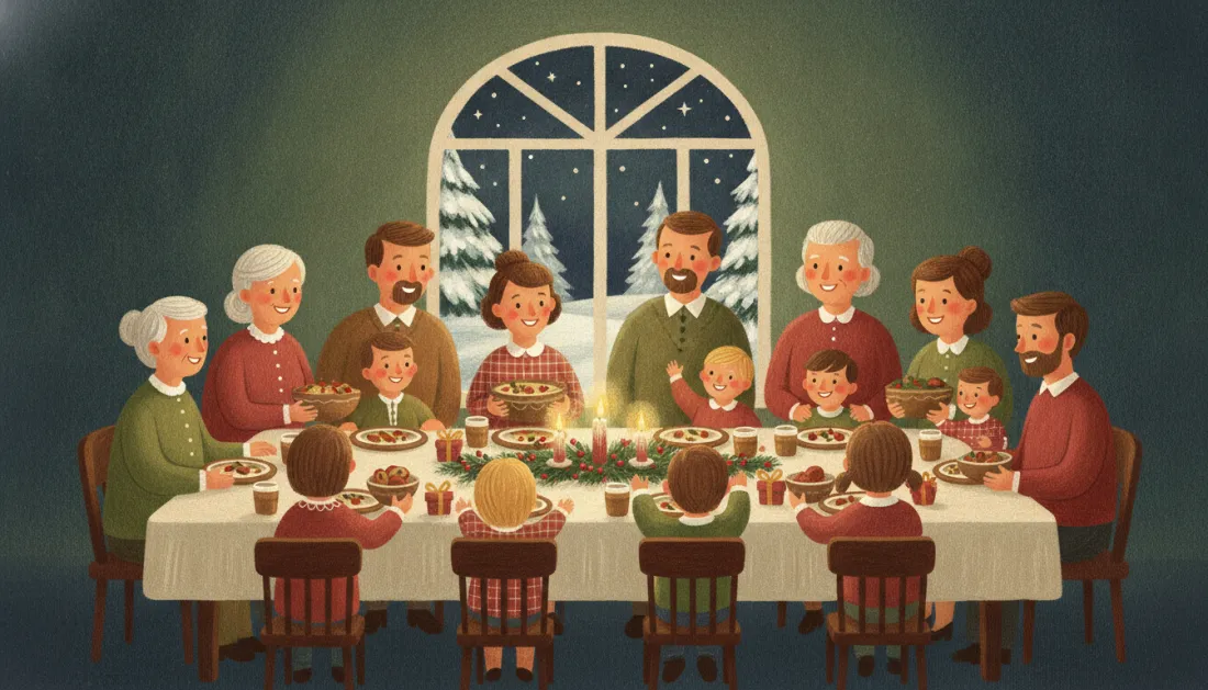 A big family of grandparents, parents and children smile around a long dinner table set with bowls of food, candles and a holly centerpiece, under an arched window with snowy pines outside