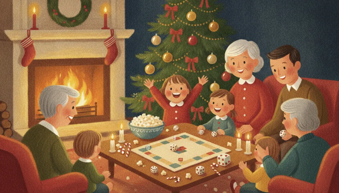 Grandparents, parents and three children laugh around a low table with a board game, dice, candles and a big bowl of popcorn, beside a decorated tree and a crackling fire with stockings on the mantel