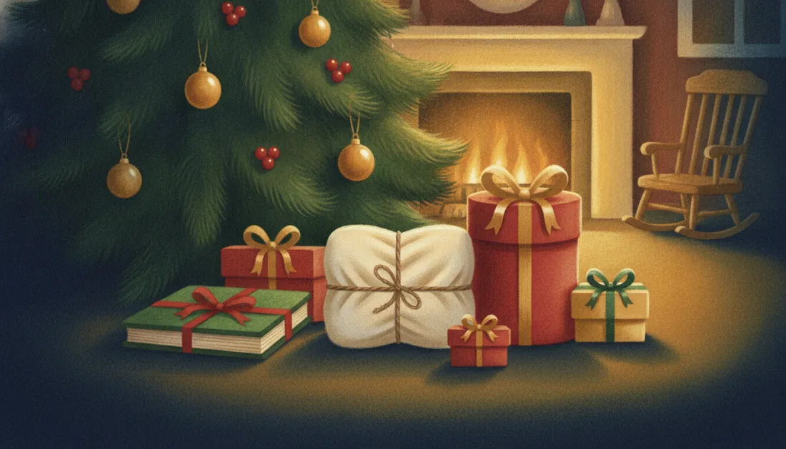 Six wrapped gifts in a row under a Christmas tree by a glowing fireplace: a book tied with a red ribbon, a soft bundle in cream cloth tied with twine, a red box with a gold bow behind the book, a tall red box and a small red box with gold bows, a gold box with a green bow, and a wooden rocking chair nearby