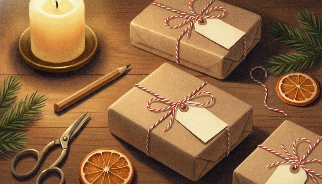 Three kraft-paper parcels tied with red-and-white twine and blank paper tags on a wooden table, with a pencil, scissors, dried orange slices, pine sprigs and a lit candle in a brass dish