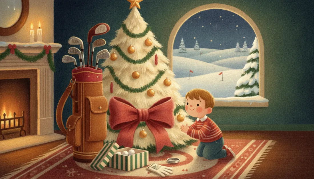 A boy in a striped sweater kneels by a Christmas tree with a big red bow, beside a tan leather golf bag full of clubs, an open box of golf balls, a glove and a ball marker on the rug, with snowy fairways and red flags outside the window