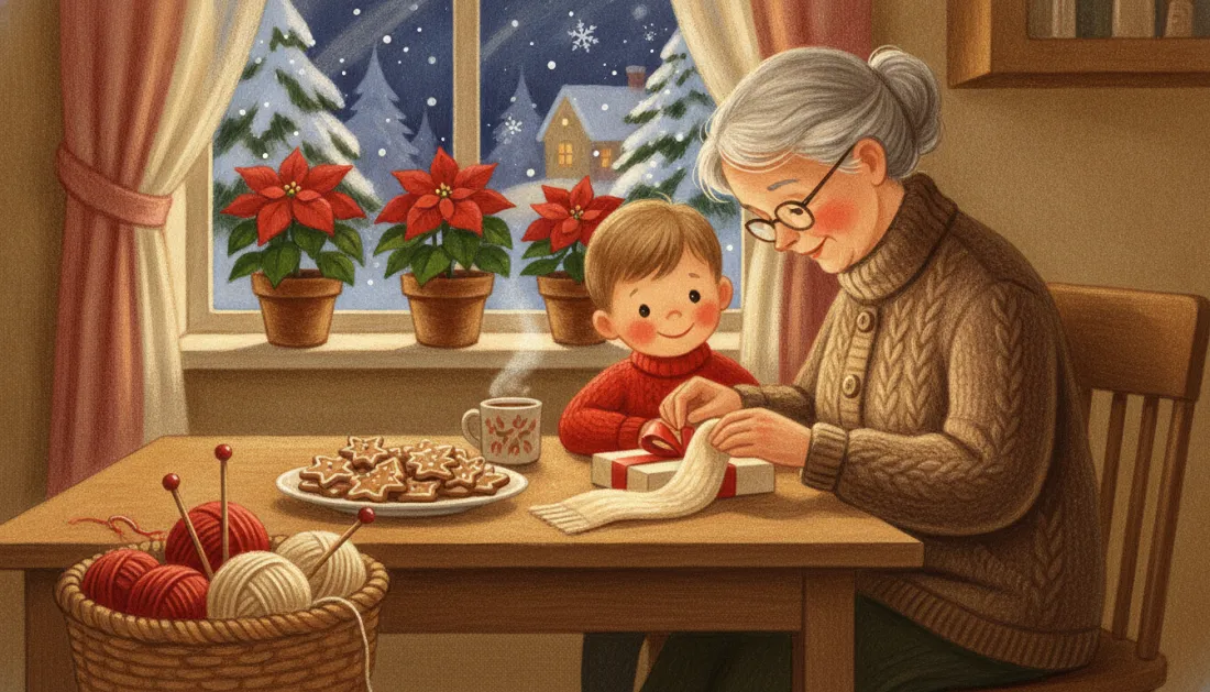 A grandmother with her gray hair in a bun and round glasses ties a white ribbon on a small gift at a kitchen table beside her grandson in a red sweater, with gingerbread cookies, a steaming mug, a basket of yarn and red poinsettias on a snowy windowsill