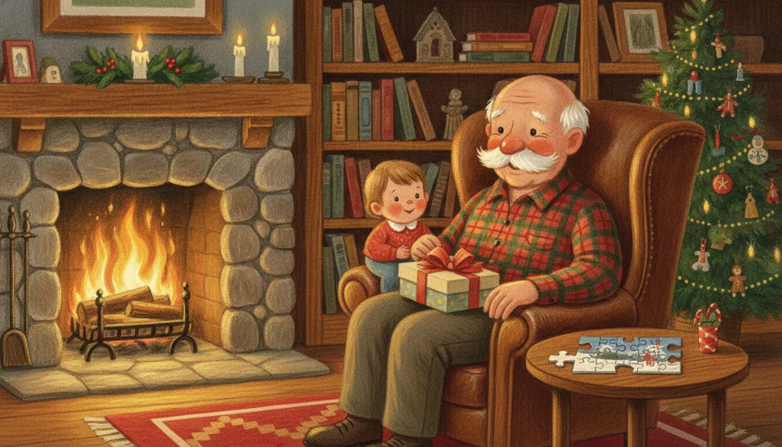 A white-haired grandfather with a big mustache sits in a leather wingback chair by a stone fireplace while his young grandson opens a ribbon-tied gift on his lap, with bookshelves, a Christmas tree and a half-done jigsaw puzzle on a side table
