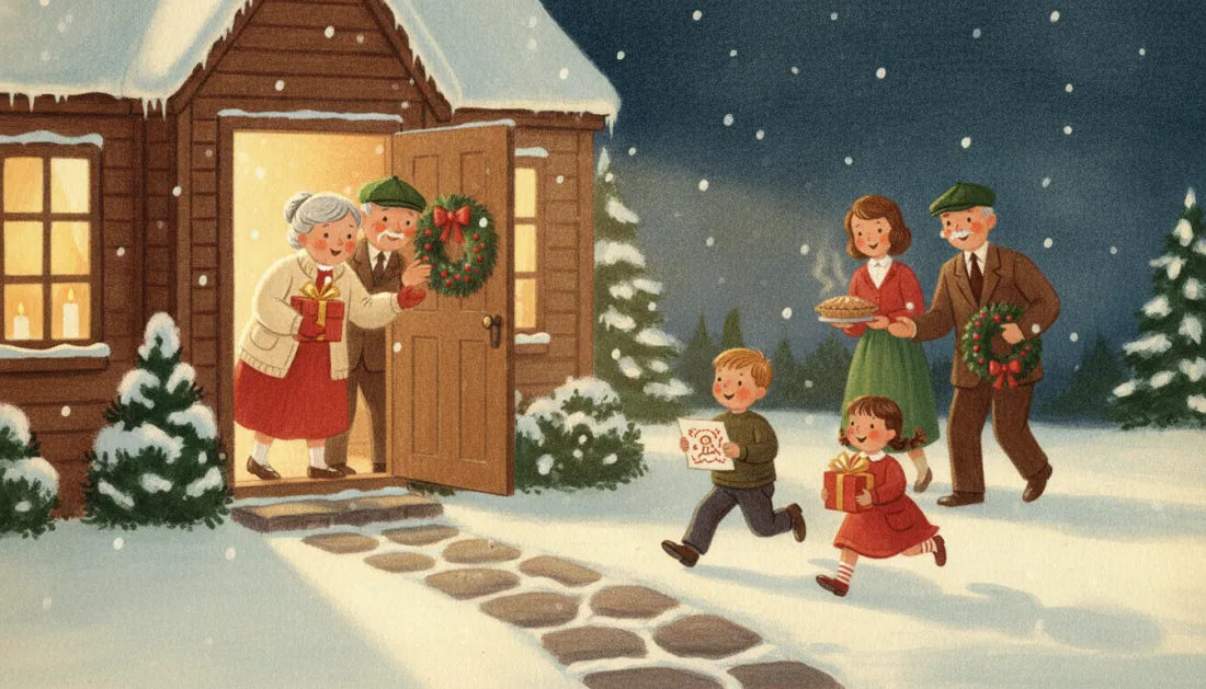 Grandparents in a red cardigan and a green cap open a cabin door hung with a wreath as a family arrives through the snow, a boy holding a card, a girl carrying a red gift and parents bringing a pie and a wreath