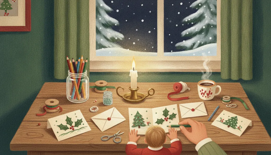 A child and a grown-up's helping hand draw Christmas trees and holly on homemade cards at a wooden table by a snowy window, with envelopes, ribbon spools, colored pencils, a candle and a mug of cocoa