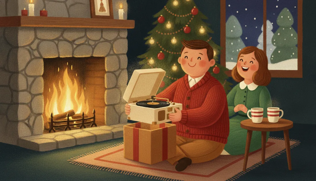 A man in a red cardigan lifts a cream record player out of a ribboned box by a stone fireplace while a woman in green laughs beside him, with two striped mugs on a side table, a lit tree and snow at the window