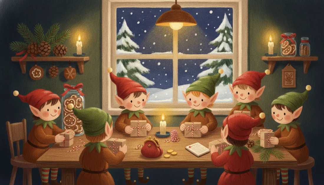 Seven elves in red and green hats wrap small kraft-paper parcels with red-and-white twine around a long wooden table, with a lit candle, a red coin purse, a few gold coins and a jar of gingerbread cookies, while snow falls past the window behind them