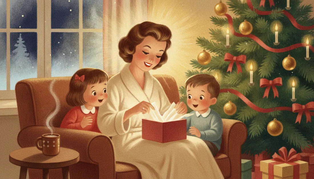 A mom in a cream robe smiles in an armchair as she opens a red gift box full of tissue paper, with her daughter in a red dress and her son in a blue sweater beside her, a decorated tree with candles, a steaming polka-dot mug and snow at the window