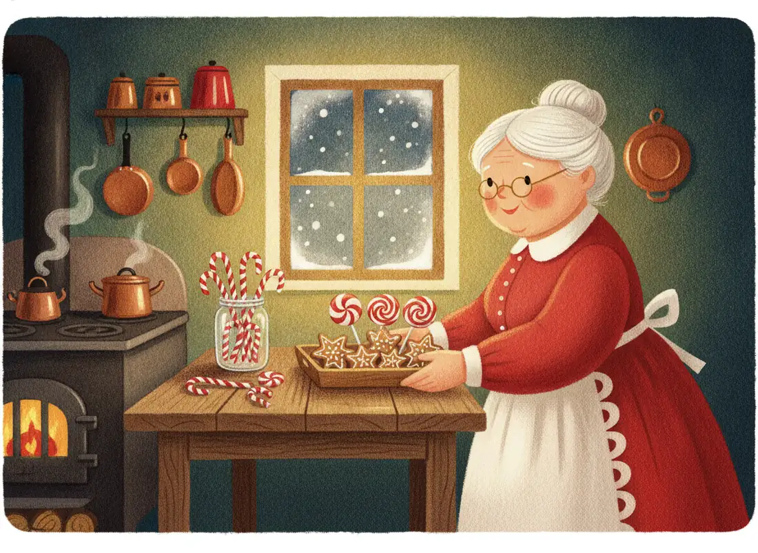 Mrs. Claus in her red dress and apron sets a tray of gingerbread cookies and peppermint lollipops on her kitchen table