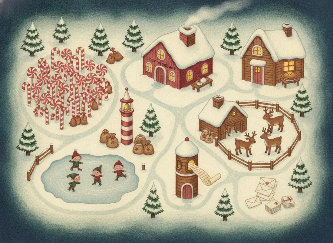 Illustrated map of Santa's North Pole village: a candy cane forest, the red toy workshop, a log cottage with a pie on a stand, a striped pole with a bell, sacks of toys, a reindeer stable with a fenced pen, elves skating on a pond, a round tower with a long scroll and a pile of letters and parcels in the corner