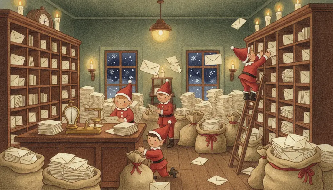 Elves in red suits sort stacks of envelopes and mail sacks in a candle-lit North Pole post office, one climbing a ladder to the high shelves as letters fly through the air