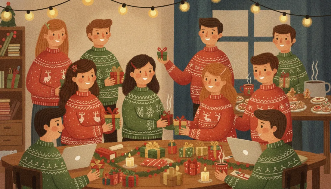 A big group of coworkers in matching red and green Christmas sweaters trade small wrapped gifts around a big table with laptops, candles and cookies, under a string of warm lights