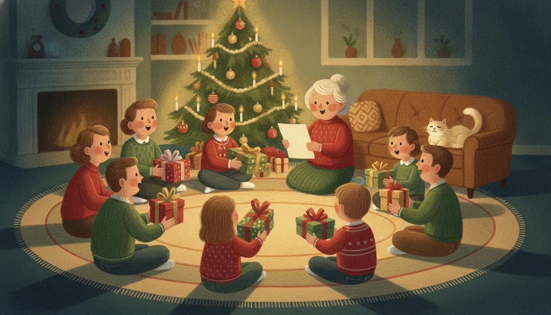A grandmother in a red sweater reads from a sheet of paper while children and grown-ups sit in a circle on a round rug, each holding a wrapped gift, by a candlelit Christmas tree with a cat asleep on the sofa