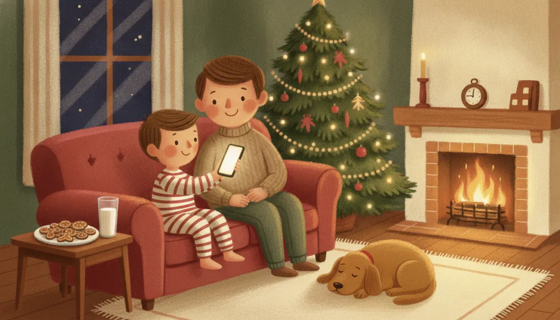 A boy in striped pajamas and his dad smile at a glowing phone together on a red sofa, beside a lit Christmas tree, a crackling fire, a plate of cookies with a glass of milk and a sleeping dog