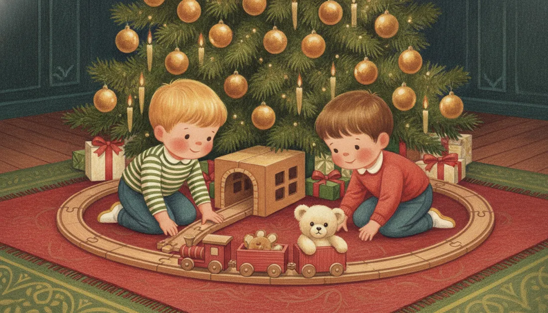 Two small boys, one in a green-striped sweater and one in a red sweater, kneel on a red rug around a wooden figure-8 train track with a red engine, a teddy bear riding in a car and a wooden tunnel, under a tree with gold baubles