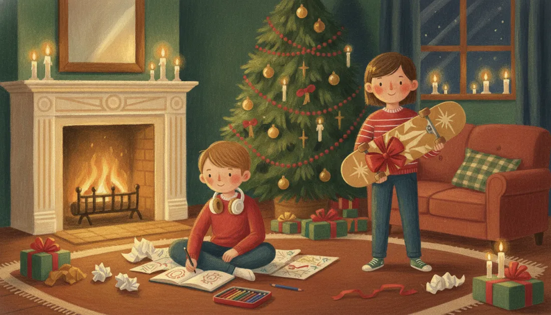 An 11-year-old boy in a red sweater, headphones around his neck, draws in a sketchbook on the rug by the fireplace while a girl in a striped sweater holds up a skateboard tied with a red bow beside the Christmas tree