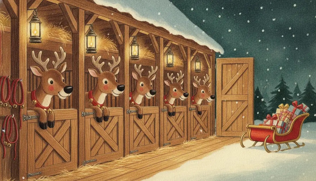 Five smiling reindeer in red collars with gold bells lean over the half doors of a lantern-lit wooden stable, with Santa's red sleigh piled with presents in the snow outside