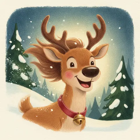 Dasher, a grinning reindeer with a windswept mane, running through the snow past pine trees