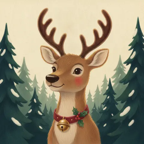 Prancer, a proud reindeer with tall antlers and a holly-trimmed collar in a pine forest