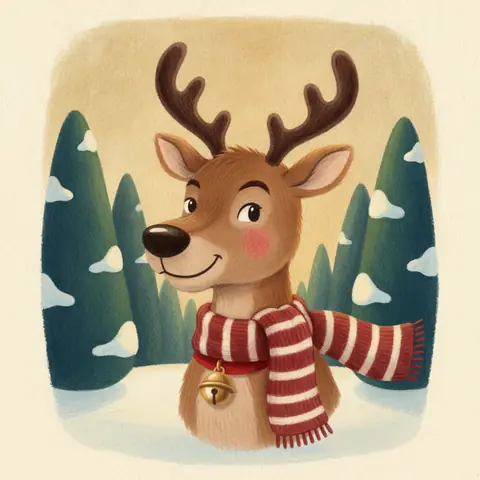 Vixen, a sly, smiling reindeer wearing a red and white striped scarf