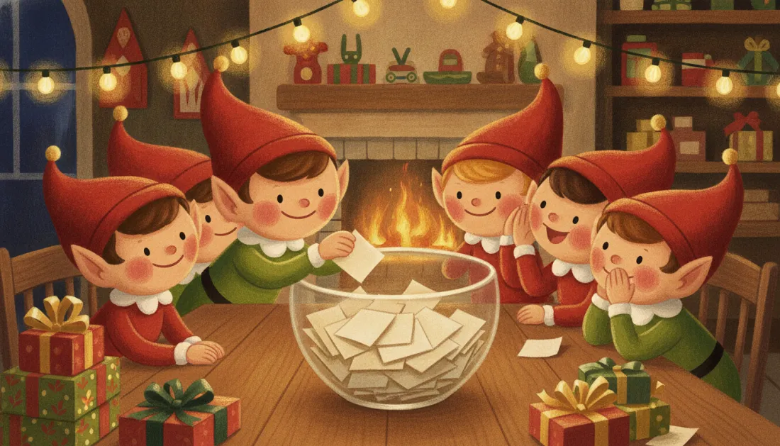 Six elves in red pointed hats gather around a wooden table by the fire while one drops a folded paper slip into a glass bowl full of names, with wrapped presents on the table