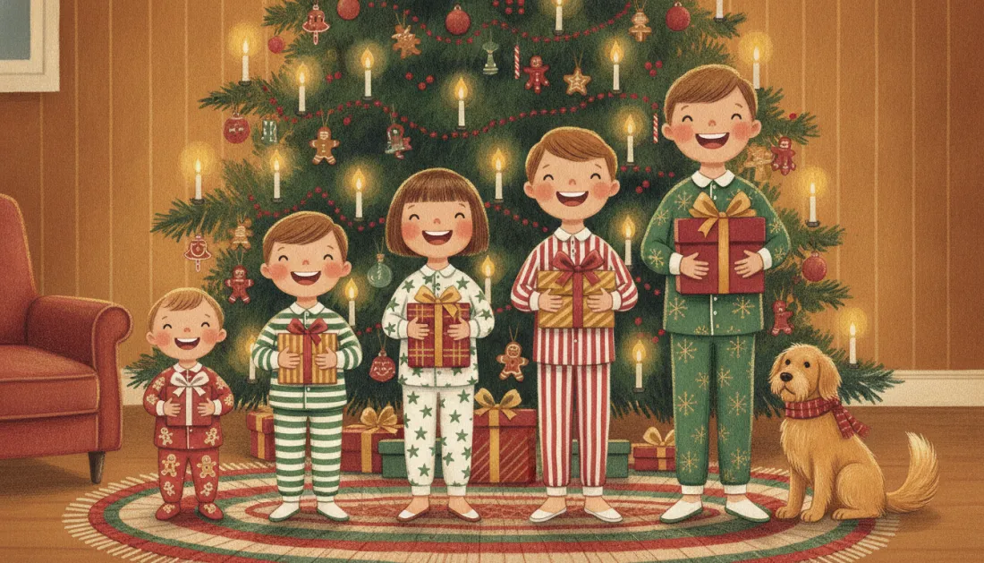 Five children in Christmas pajamas, from a toddler to a tall boy, stand in a row by height in front of a candlelit tree, each holding a wrapped gift, with a golden dog in a plaid scarf sitting beside them