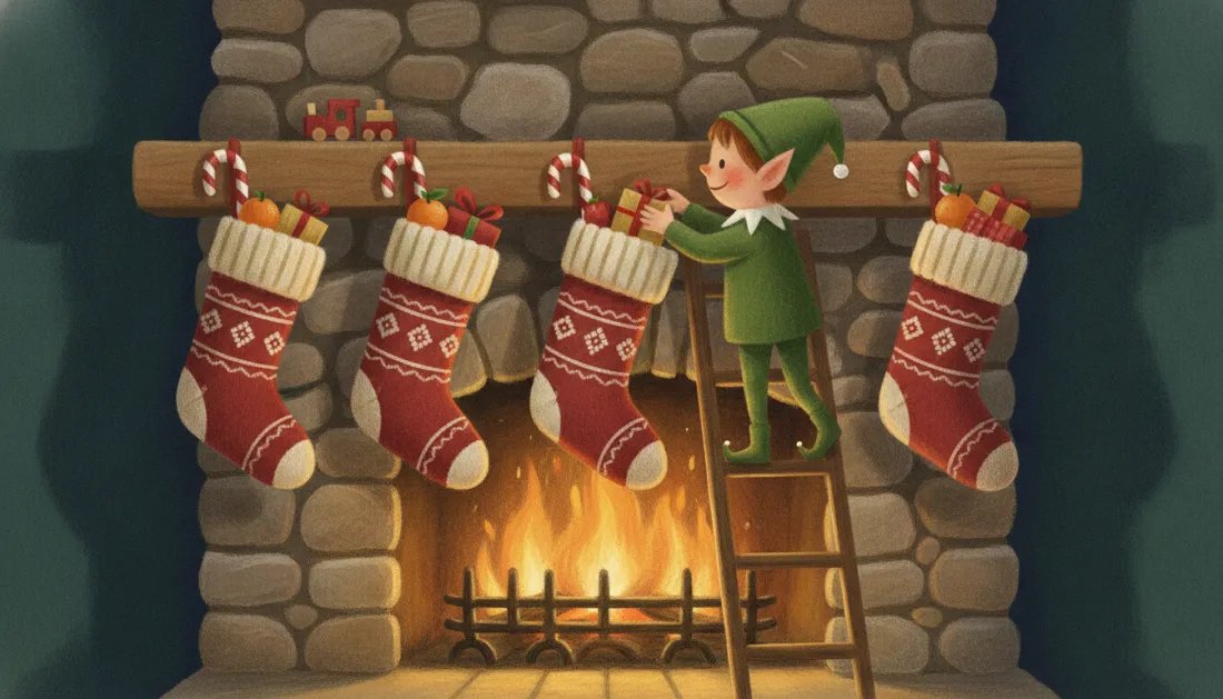 An elf on a wooden ladder tucks a small wrapped present into one of four red knit stockings hanging from a mantel over a crackling stone fireplace, with candy canes hooked along the mantel and a toy train on top