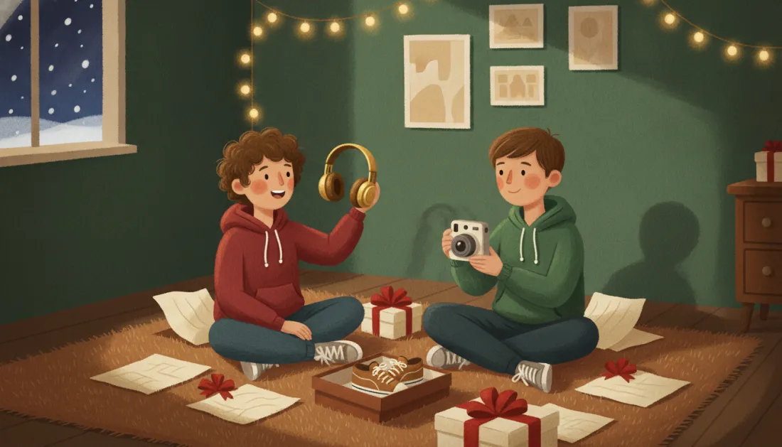 Two teenagers in hoodies sit on a rug among opened gifts under a string of warm fairy lights: one laughs and holds up gold headphones, the other looks at an instant camera, with a box of sneakers between them and snow falling past the window
