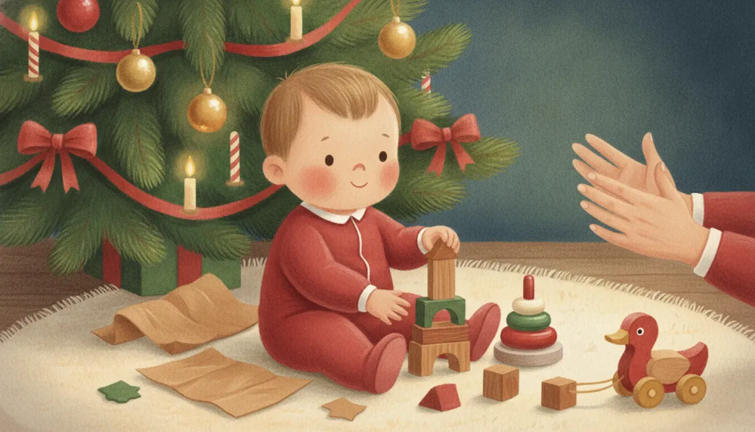 A toddler in a red footed sleeper sits on a round rug under a candlelit Christmas tree, stacking wooden blocks next to a ring-stacking toy and a wooden pull-along duck, while a grown-up's hands clap at the edge of the picture