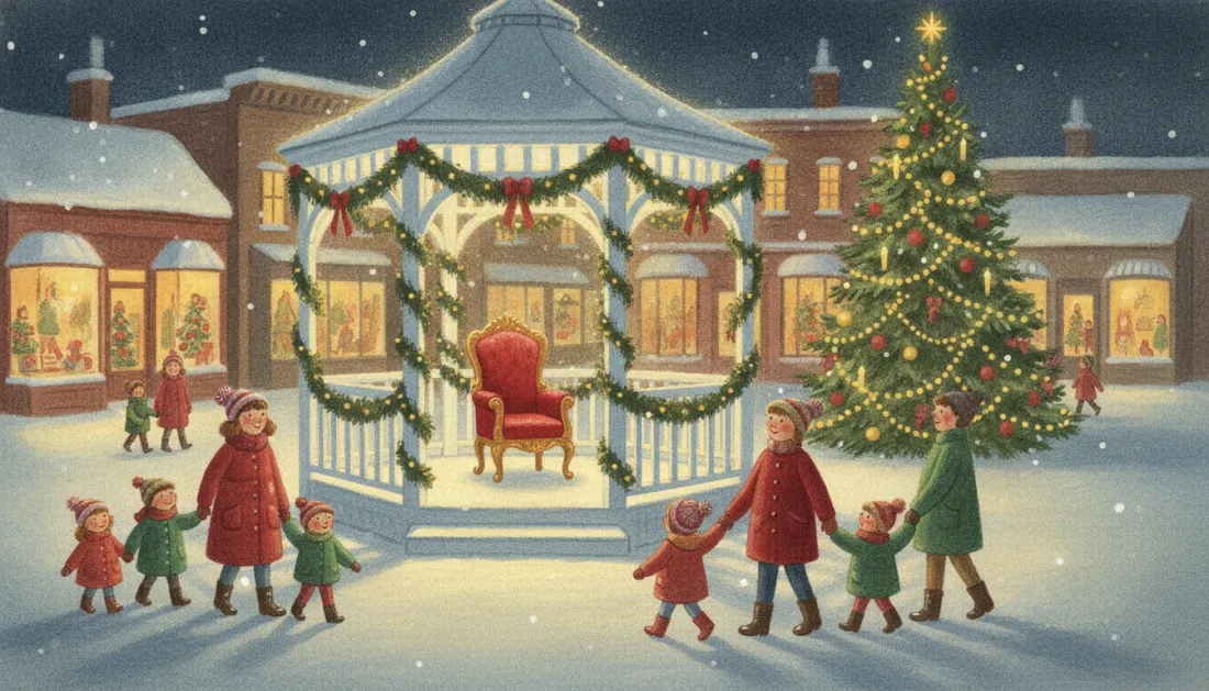 A snowy town square at dusk with a gazebo hung with garlands and red bows, an empty red and gold Santa chair waiting inside, a lit Christmas tree beside it and families in winter coats walking up hand in hand