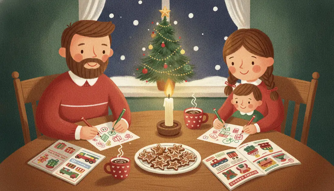 A family at a candlelit table writes Christmas wish lists next to a plate of star-shaped gingerbread cookies and mugs of cocoa