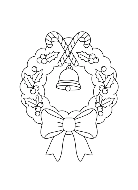 Coloring page of a round wreath with holly leaves and berries, two crossed candy canes at the top, a bell hanging in the middle and a big bow at the bottom