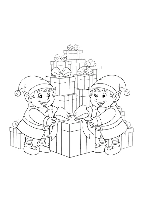 Coloring page of two smiling elves in pointed hats with bells, striped stockings and curly-toed shoes holding a big present with a bow, in front of a tall stack of wrapped gifts