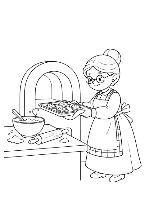 Coloring page of Mrs. Claus in round glasses, a hair bun and a checked apron lifting a tray of gingerbread cookies out of an arched oven, with a mixing bowl and a rolling pin on the counter