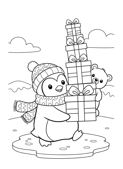 Coloring page of a penguin in a patterned knit hat and scarf carrying a tall stack of five wrapped presents across the ice, while a little bear cub peeks out from behind