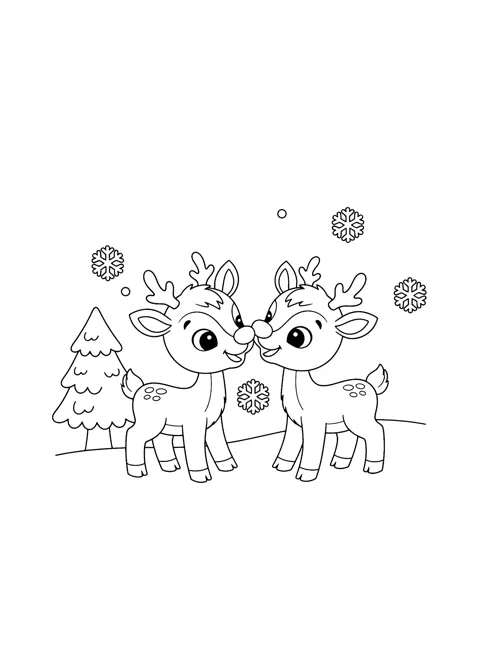 Coloring page of two young reindeer with small antlers and spotted backs standing nose to nose in the snow beside a little pine tree, with snowflakes falling