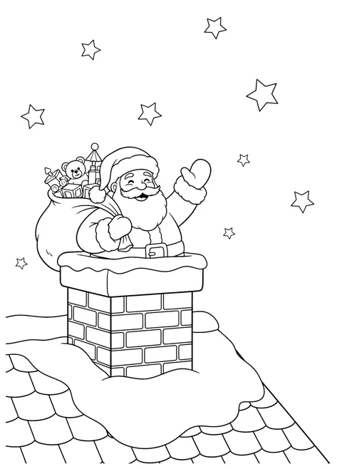 Coloring page of Santa waving from the top of a brick chimney on a snowy tiled roof, a sack with a teddy bear, a toy train and blocks over his shoulder, under a sky full of stars